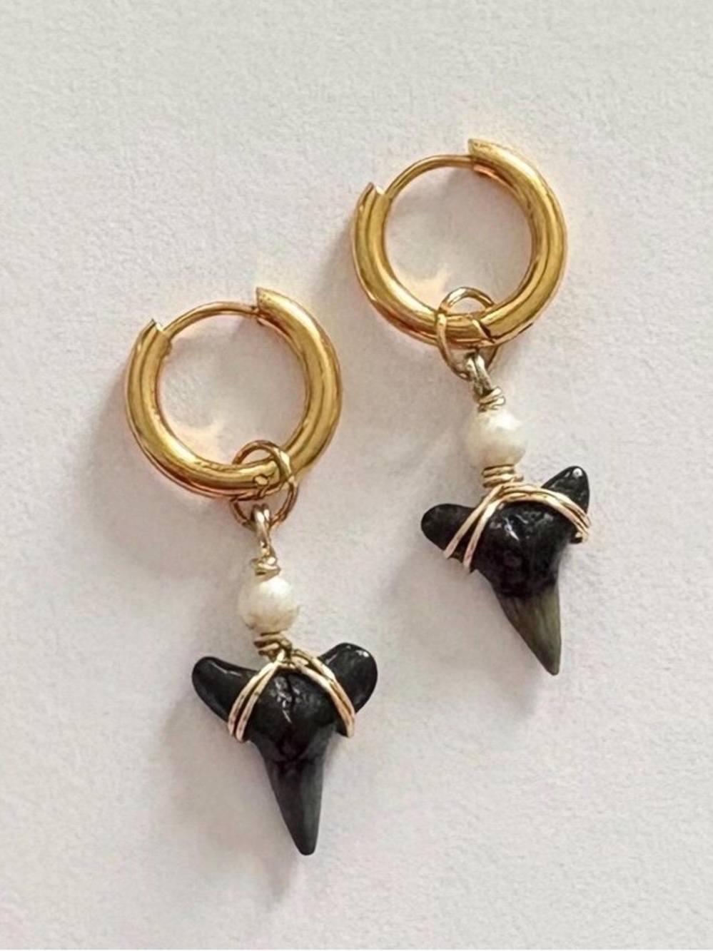 Gold Shark Tooth and Pearl Hoop Earrings